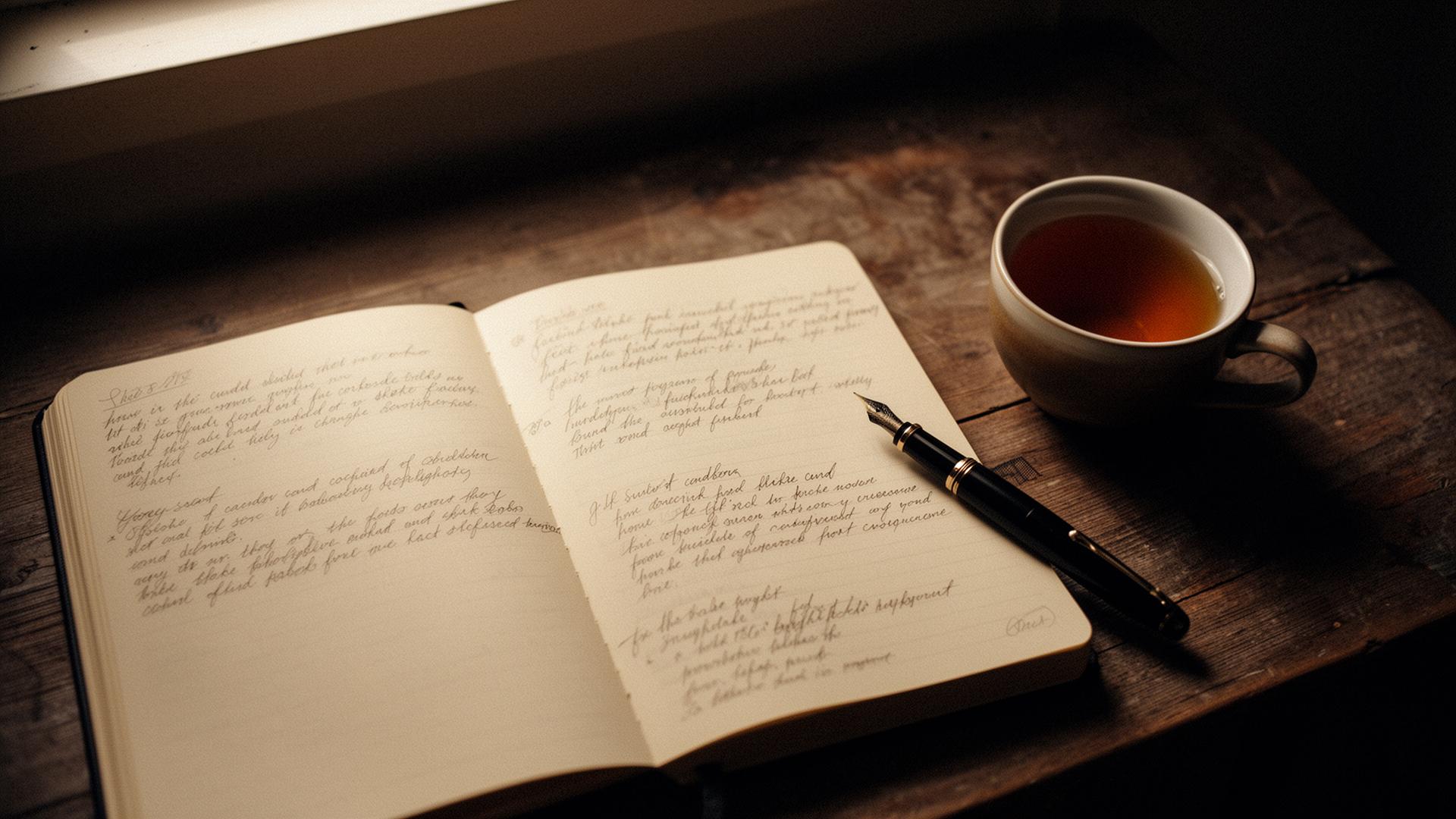 An open journal with handwritten notes and a cup of tea on a wooden desk