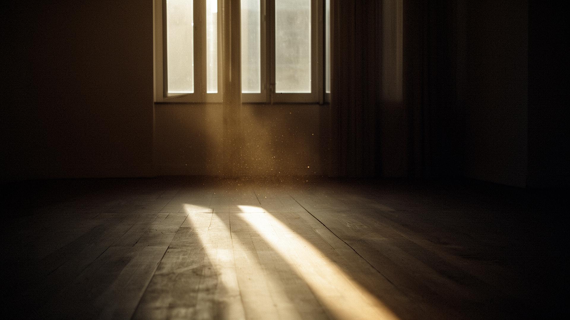 A shaft of warm light cutting across a quiet wooden floor