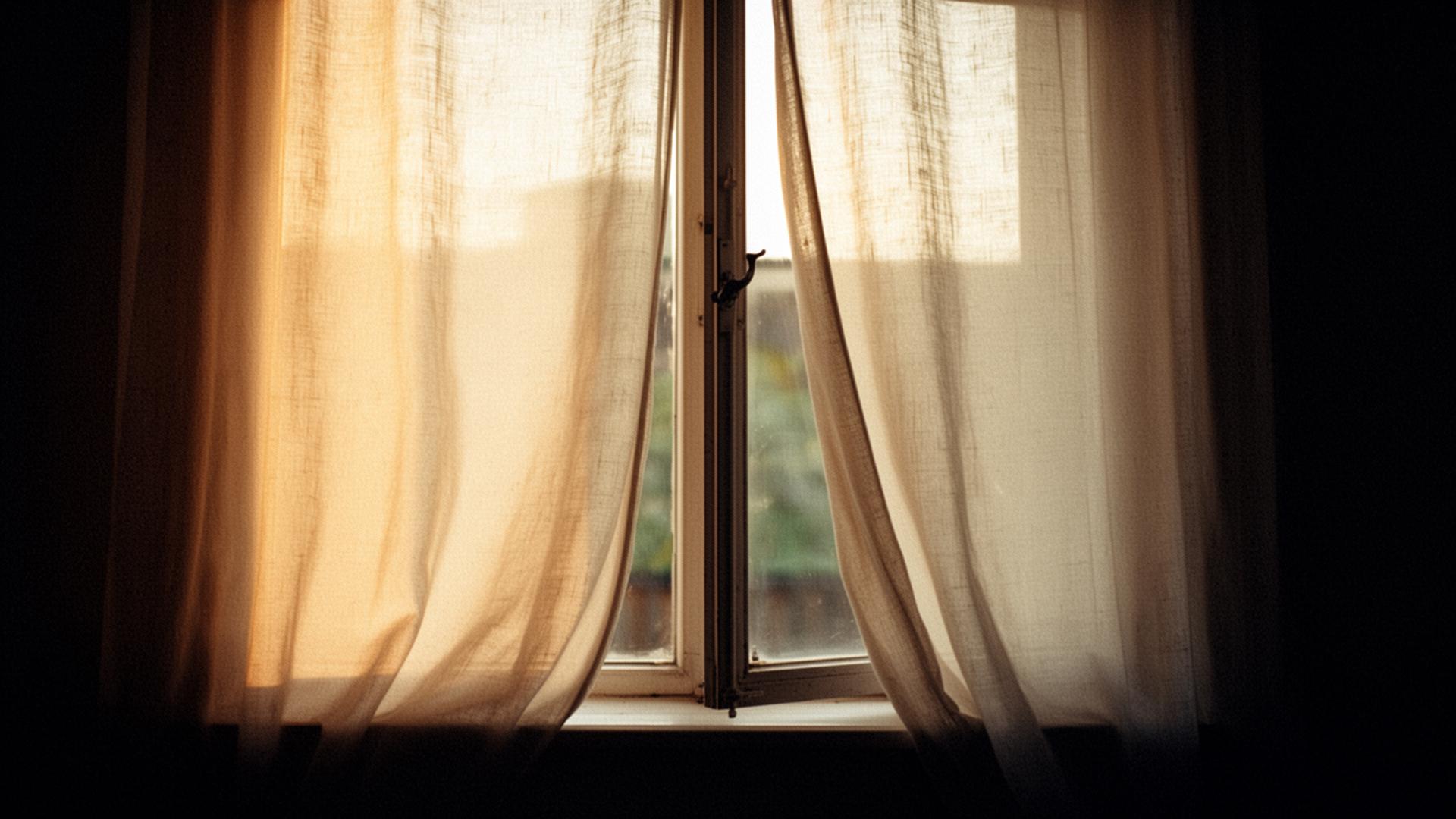 Sheer linen curtains glowing in soft golden window light